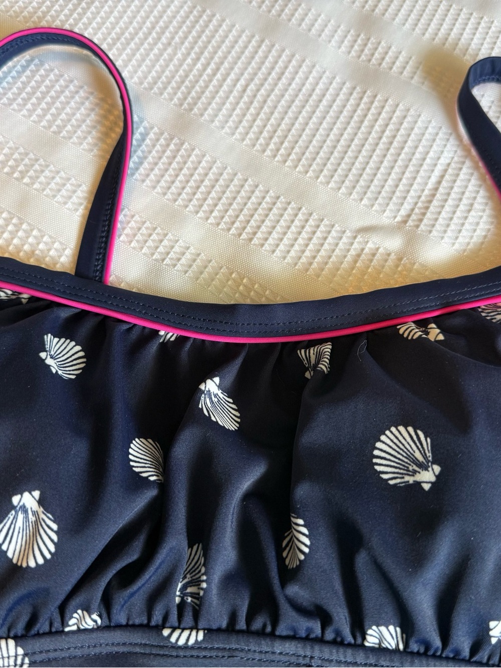 Kim Rogers Navy One-Piece Swimdress with White Shell Print and Pink Trim - Picture 2 of 9